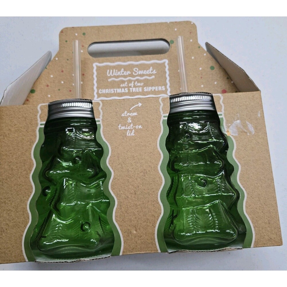 NIB Sealed Christmas Tree Sippers 20oz 2 Green Glass 3D Set w/Lids & Straws